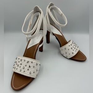 Elegant White Franco Sarto White Beaded Heeled Sandals – Size 10M New